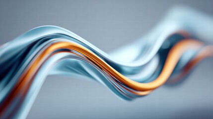 An abstract composition of flowing blue and orange ribbons against a soft, blurred backdrop.