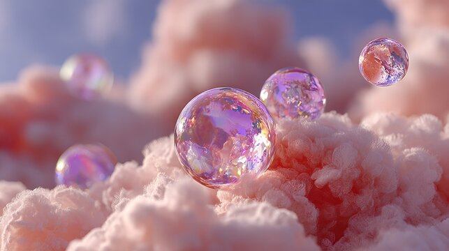 Iridescent spheres rest on a fluffy, pink cloud formation against a blurred sky - Powered by Adobe