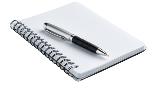 Spiral notebook with a pen, perfect for notes or sketches, white isolate background.