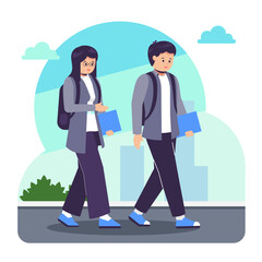 student couple chatting while walking outdoors, socialization concept