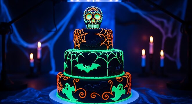 Spooky halloween cake with glowing skull bats and ghosts for a festive celebration
