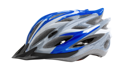Stylish blue and white cycling helmet on a white isolated background.