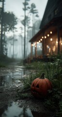 A weathered pumpkin sits beside a porch in a misty forest