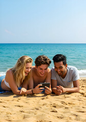 Fototapeta premium Three young adults, a blonde woman and two men of mixed ethnicity, lying on a beach, engrossed in a mobile phone, enjoying a sunny day. Casual beachgoers sharing a funny video or image.