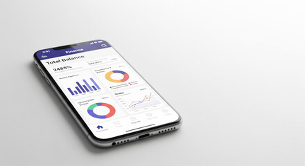 Fototapeta premium Mobile finance and business concept with smartphone and clean white background, leaving wide copy space