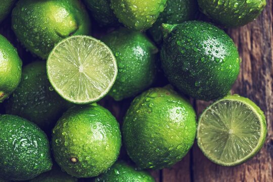 Fresh limes, wet and vibrant, piled on rustic wood
