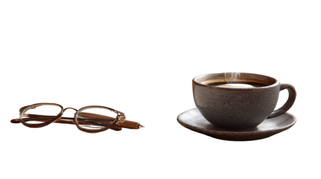 Stylish coffee cup and glasses on white background, perfect for modern lifestyle and relaxation.