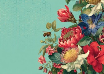 Vibrant floral bouquet with bees on teal background
