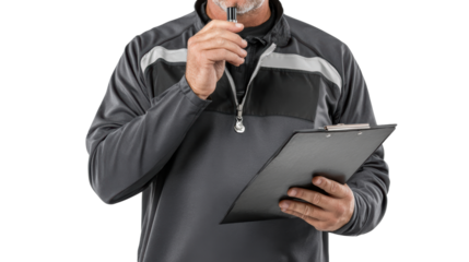 Stylish man with clipboard, deep in thought, wearing sport jacket, isolated on white background.