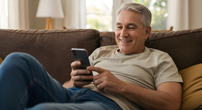 Smiling senior male using a smartphone while relaxing on a couch in a living room. A happy, middle-aged man in casual attire, using a smart phone in a home setting. - Powered by Adobe