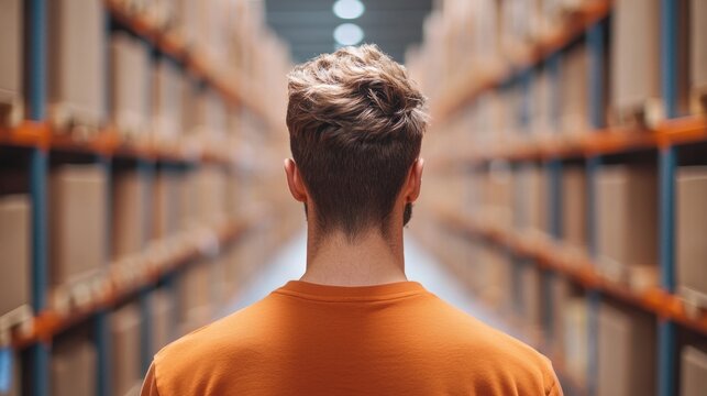 inventory management warehouse Well lit warehouse with fully stocked shelves, an employee scanning a barcode to update the inventory system.