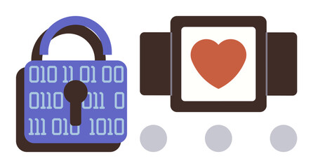 Binary code padlock adjacent to framed heart on conveyor belt, merging security with emotion and technology. Ideal for online privacy, encryption, tech innovation, romance, digital lifestyle