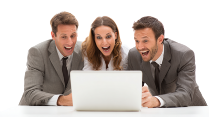 Three excited coworkers enjoying a moment together while looking at a laptop screen, white isolated background.
