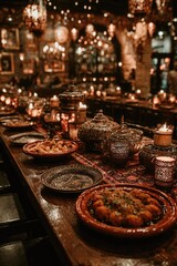 Long wooden table laden with food, candles, and ornate serving dishes in a dimly lit, atmospheric setting