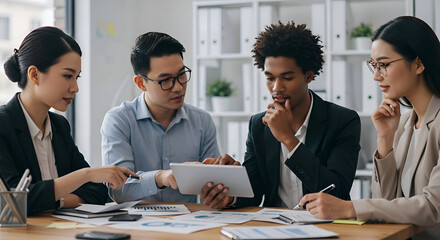 Asian and African American business professionals in formal wear collaborating around a tablet and financial documents in an office setting. Diverse team discussing project data in a modern workspace.