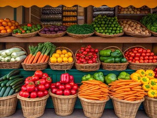 Fototapeta premium Abundant display of fresh colorful fruits and vegetables at an outdoor market stall