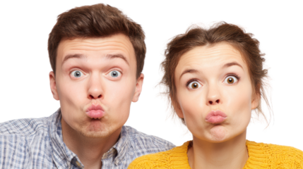 Two young adults making funny faces and pouting, isolated on a white background.