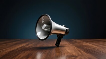 A silver megaphone placed on a wooden surface against a dark background
