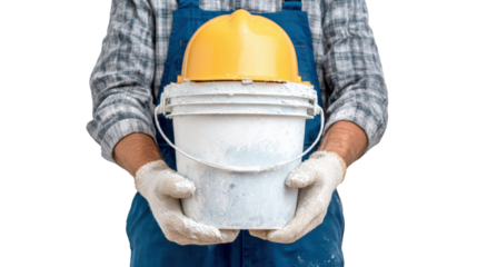 Worker holding a paint bucket with a yellow hard hat, ready for construction or renovation.