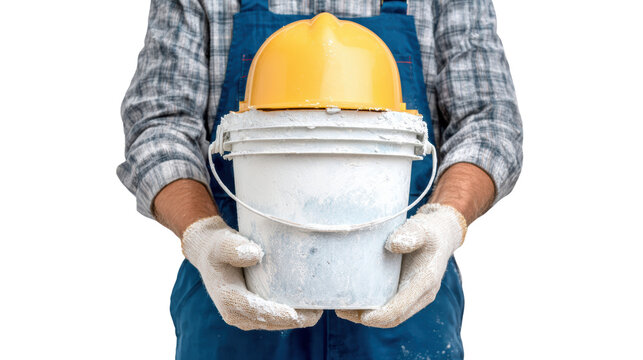 Worker holding a paint bucket with a yellow hard hat, ready for construction or renovation.