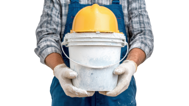 Worker holding a paint bucket with a yellow hard hat, ready for construction or renovation.
