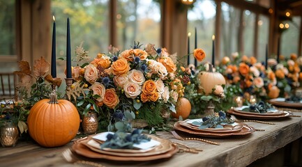 Autumnal table setting with pumpkins and orange roses fall dinner