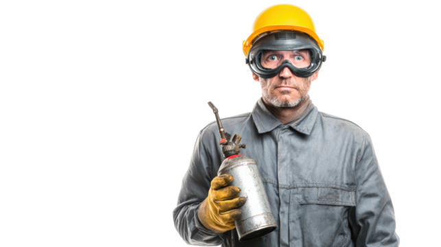 Worker in safety goggles and helmet holds a spray can, isolated on a white background.