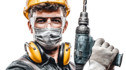 Worker with helmet and mask holding a drill, ready for construction tasks, isolated on white background.