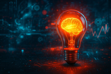 AI generated glowing orange light bulb radiating energy blended with neon blue digital circuit lines symbolizing creativity technology and innovation in a futuristic concept art style