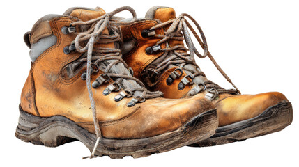 Worn hiking boots, showcasing adventure and outdoor spirit, isolated on a white background.