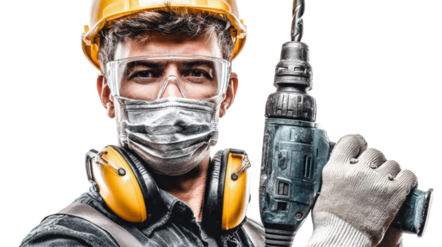 Worker with helmet and mask holding a drill, ready for construction tasks, isolated on white background.