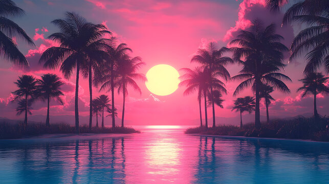 Pink Sunset Palm Trees 3D Illustration