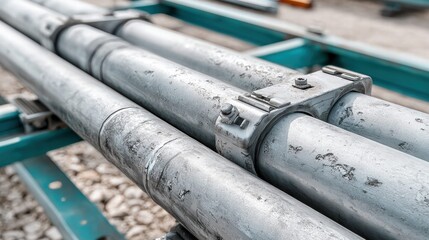 Detailed shot of metallic pipes held together with clamps, showcasing industrial design.
