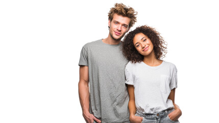 Young couple standing together, smiling, casual attire, playful pose, white isolated background.