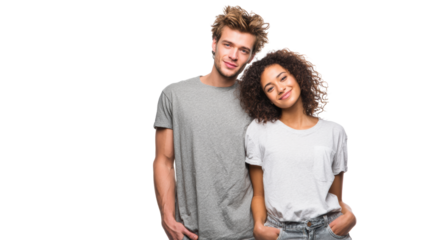 Young couple standing together, smiling, casual attire, playful pose, white isolated background.