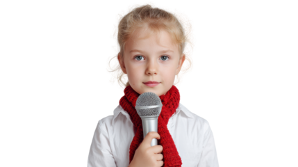 Young girl holding a microphone, dressed in a white shirt with a red scarf.