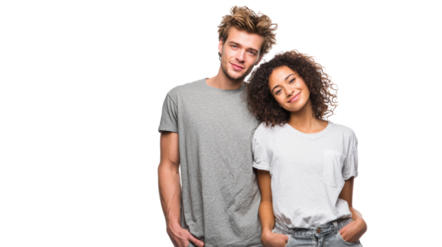 Young couple standing together, smiling, casual attire, playful pose, white isolated background. - Powered by Adobe