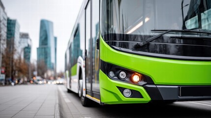 Close-up of an electric bus with a vibrant green exterior on a city street during the day.