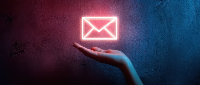 The Envelope Neon Icon Floating Above an Outstretched Hand Against Dark Wall