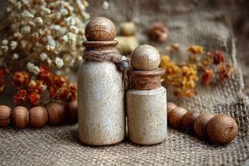 Two small, light beige ceramic bottles, tied with twine, stand together on a burlap surface.  Dried flowers and wooden beads surround them