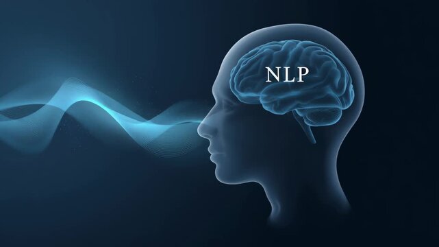 Natural language processing and law of attraction concept. A glowing human head with the word "NLP," waves streaming in to represent information flow.