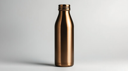 A metallic bronze water bottle with sharp golden contour lines and minimalistic style, standing upright on a solid white background with studio lighting,