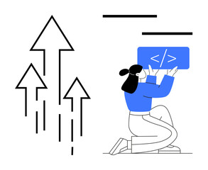 Person kneeling while holding a code panel, accompanied by upward-pointing arrows symbolizing progress, innovation, and success. Ideal for technology, programming, development, growth, achievement