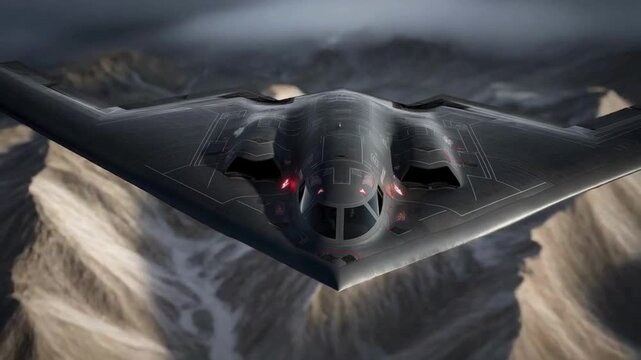 Northrop Grumman B-2 Spirit Stealth Bomber in Flight over Mountainous Terrain