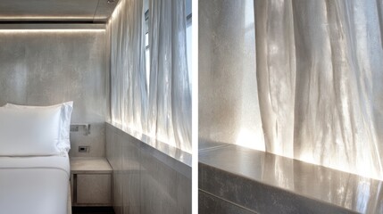 Elegant bedroom interior with soft light filtering through sheer white curtains