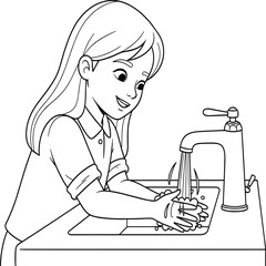 Young Girl Washing Hands with Soap Under Faucet – Hygiene Awareness Vector for Health Education, Cleanliness, and Germ Prevention Illustration