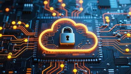 Secure Cloud Computing: A Locked Cloud Icon on a Circuit Board Background