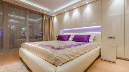 Luxurious bedroom with a king-sized bed, stylish lighting, and modern built-in storage