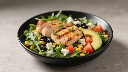 Grilled Chicken Salad with Avocado, Corn, and Feta in a Black Bowl