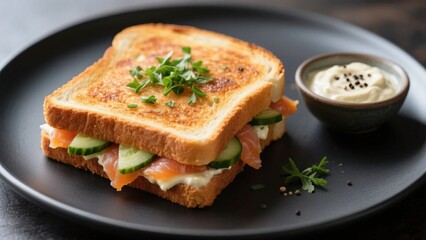 Grilled Sandwich with Smoked Salmon, Cucumber, and Creamy Sauce on a Black Plate